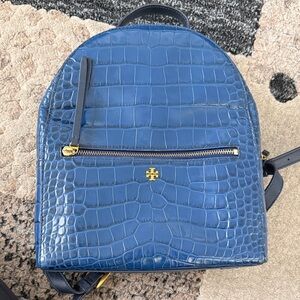 Tory Burch Blue Croc-Embossed Mini Backpack with Gold Hardware